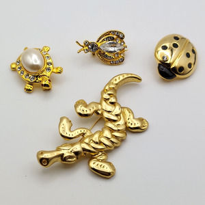 Figural Brooch Lot of 4 Rhinestone Turtle Bee Ladybug Insect & 3" Crocodile Pins